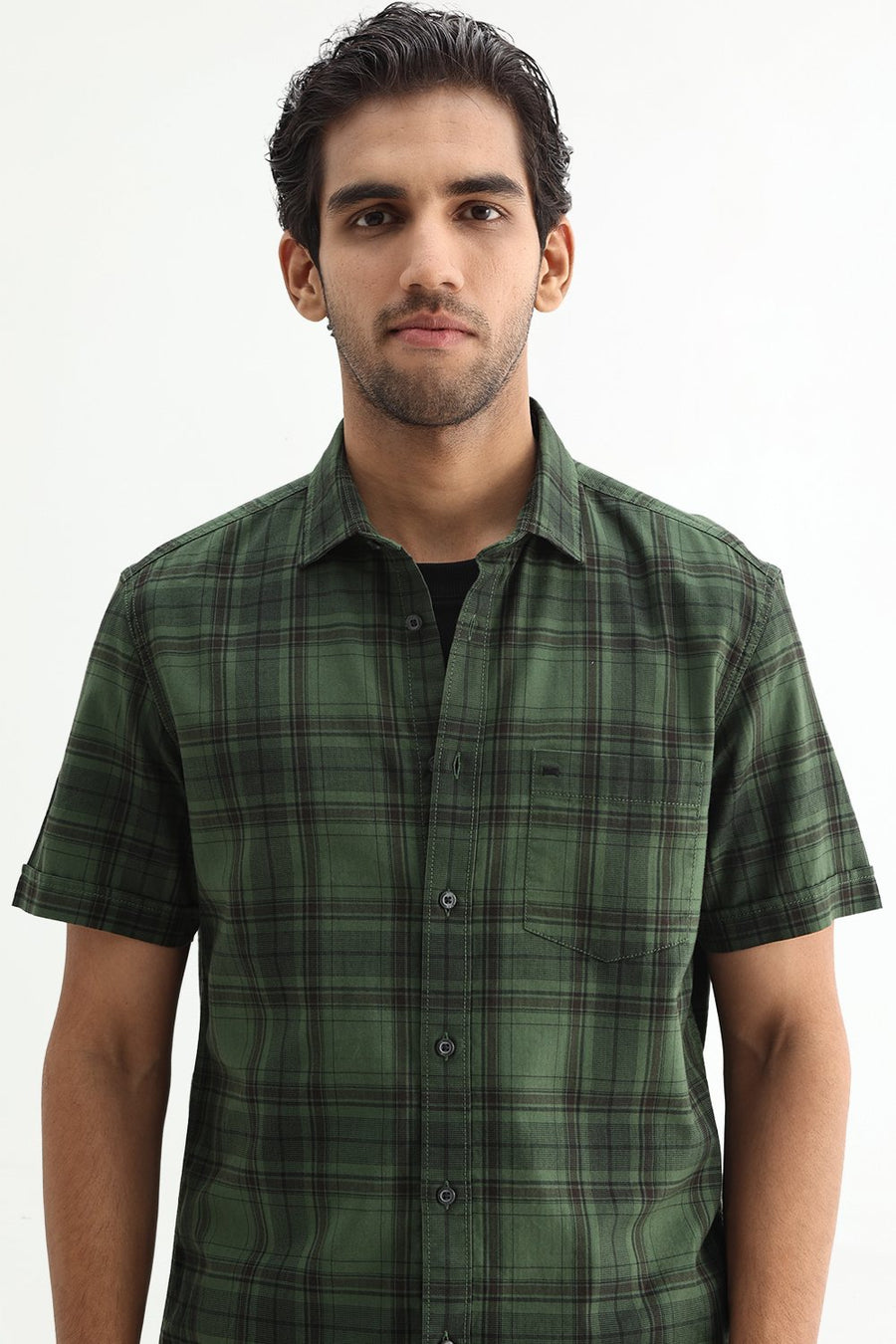 BASICS SLIM FIT TAN COTTON HERRING BONE CHECKS HALFSLEEVES SHIRT