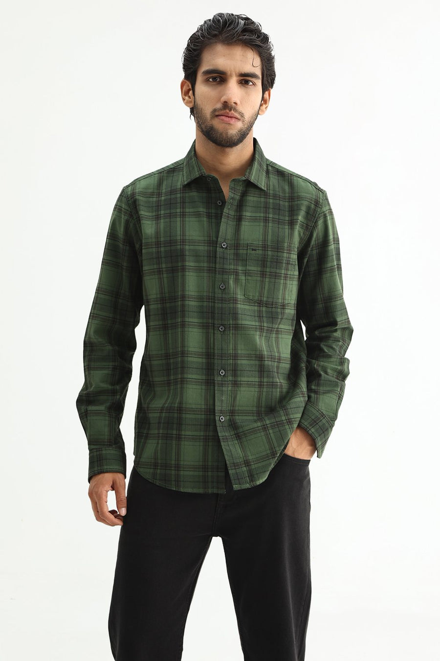 BASICS SLIM FIT TAN COTTON HERRING BONE CHECKS SHIRT