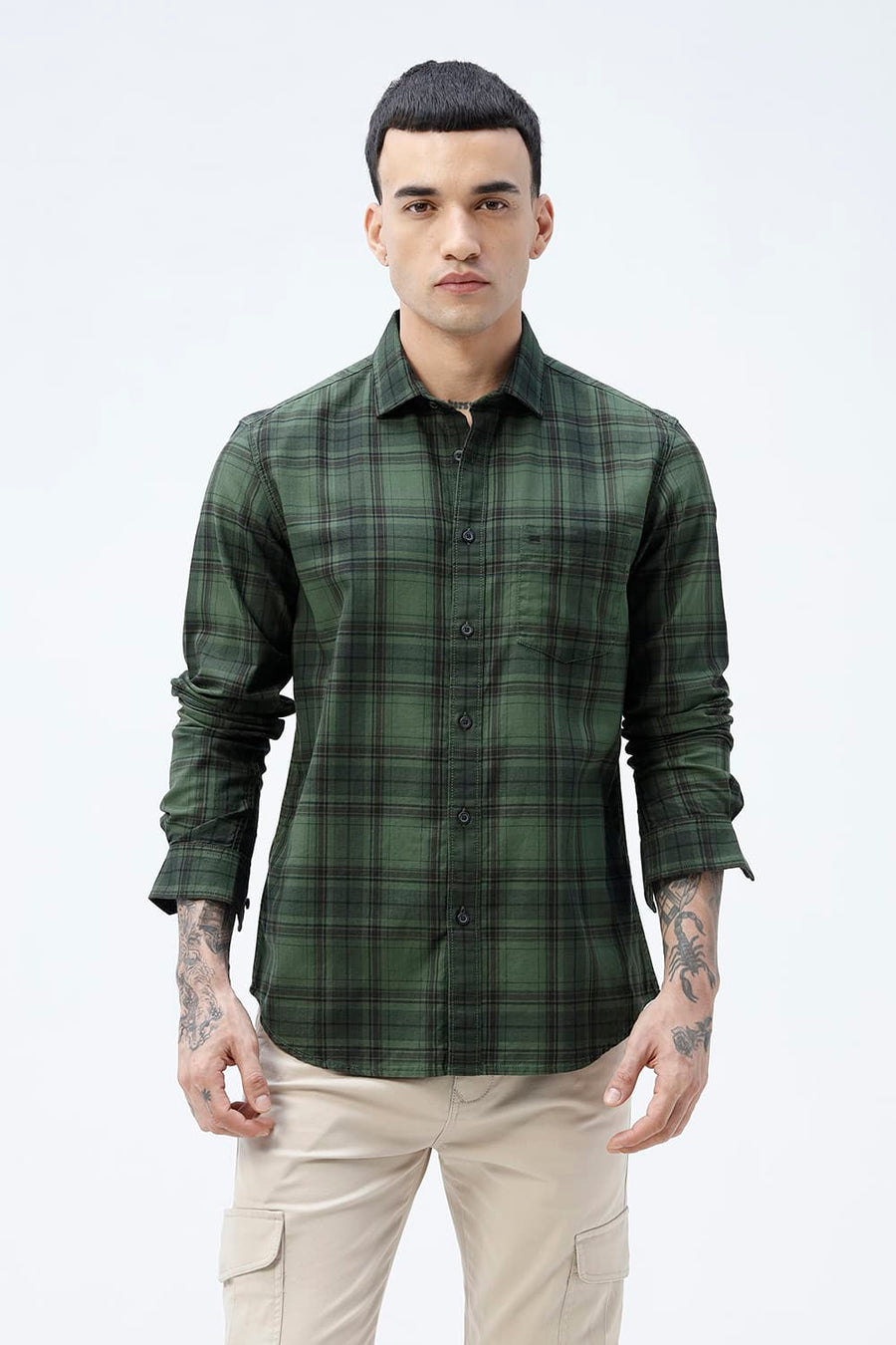 BASICS SLIM FIT TAN COTTON HERRING BONE CHECKS SHIRT