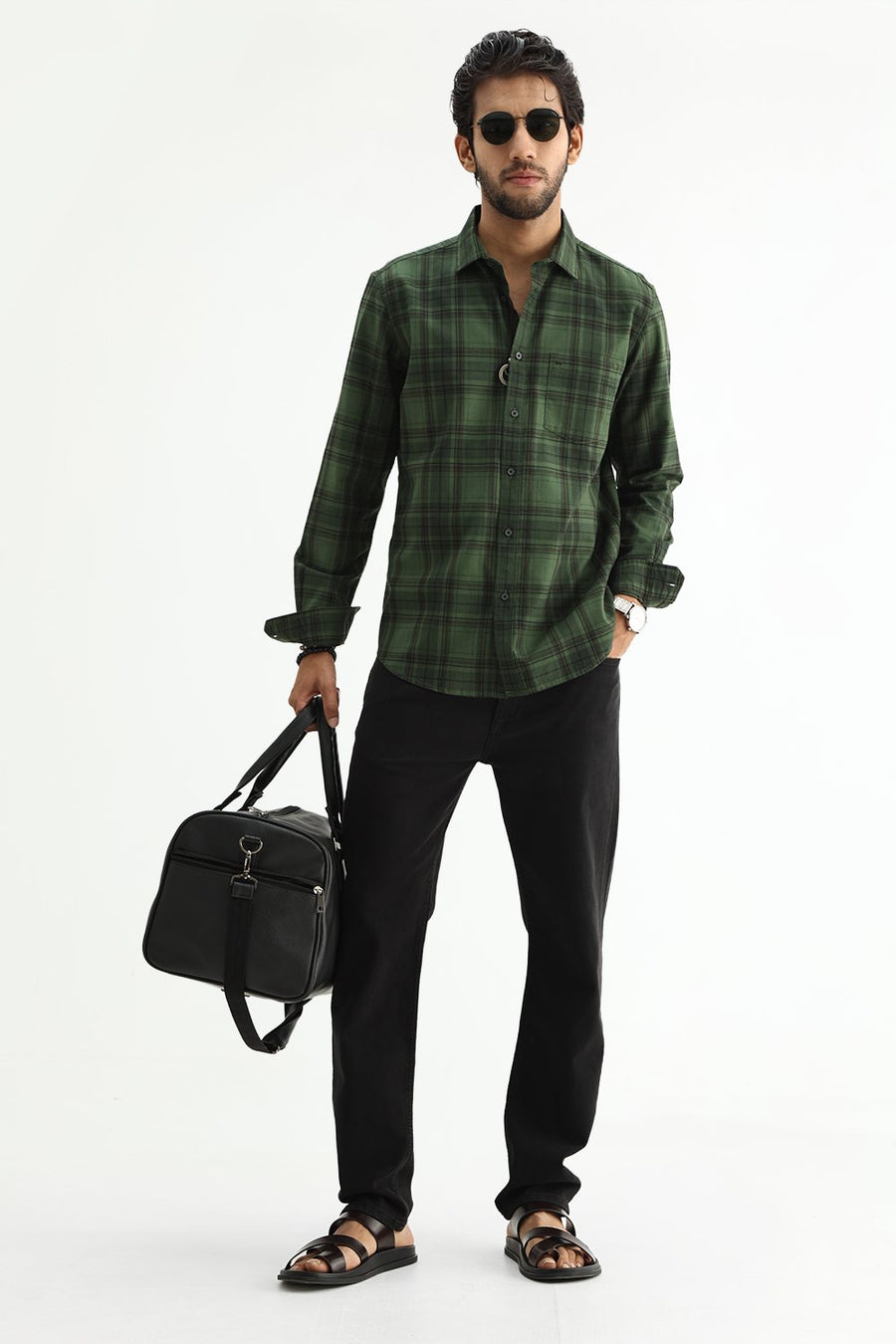 BASICS SLIM FIT TAN COTTON HERRING BONE CHECKS SHIRT
