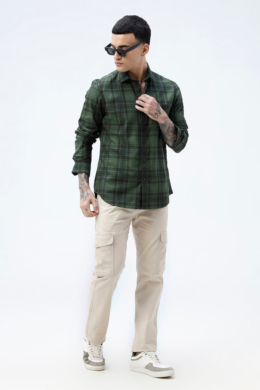 BASICS SLIM FIT TAN COTTON HERRING BONE CHECKS SHIRT