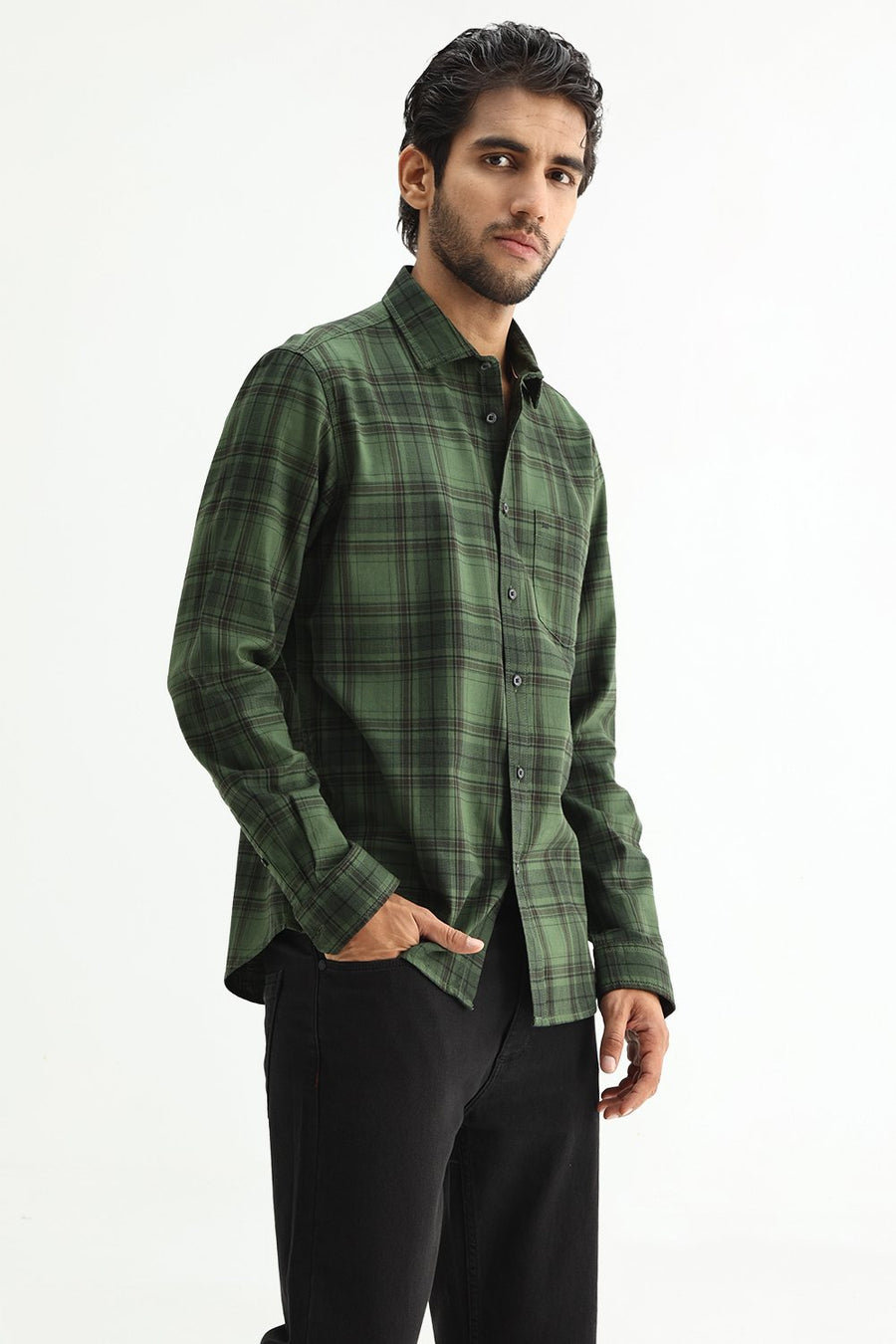 BASICS SLIM FIT TAN COTTON HERRING BONE CHECKS SHIRT