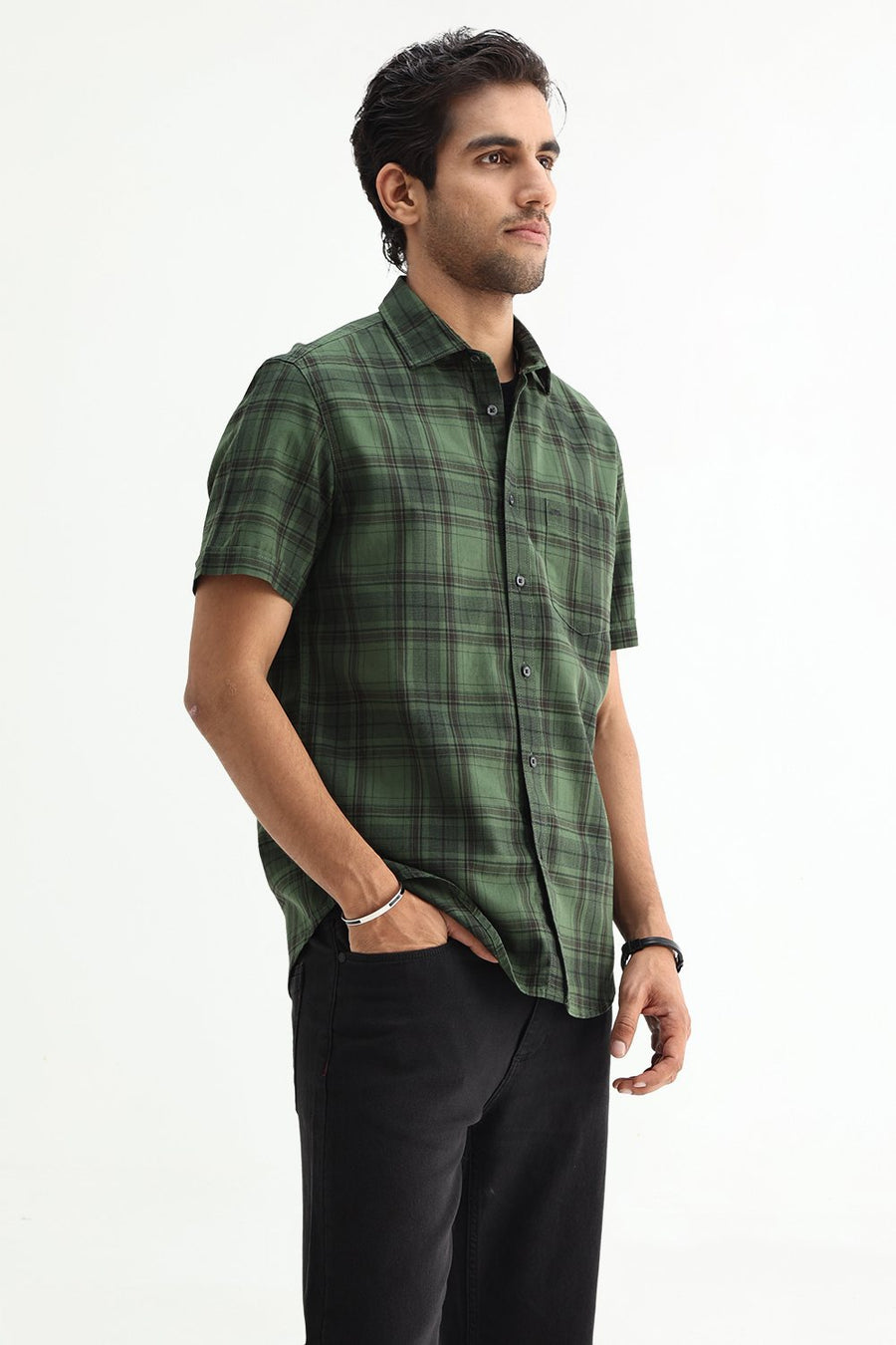 BASICS SLIM FIT TAN COTTON HERRING BONE CHECKS HALFSLEEVES SHIRT
