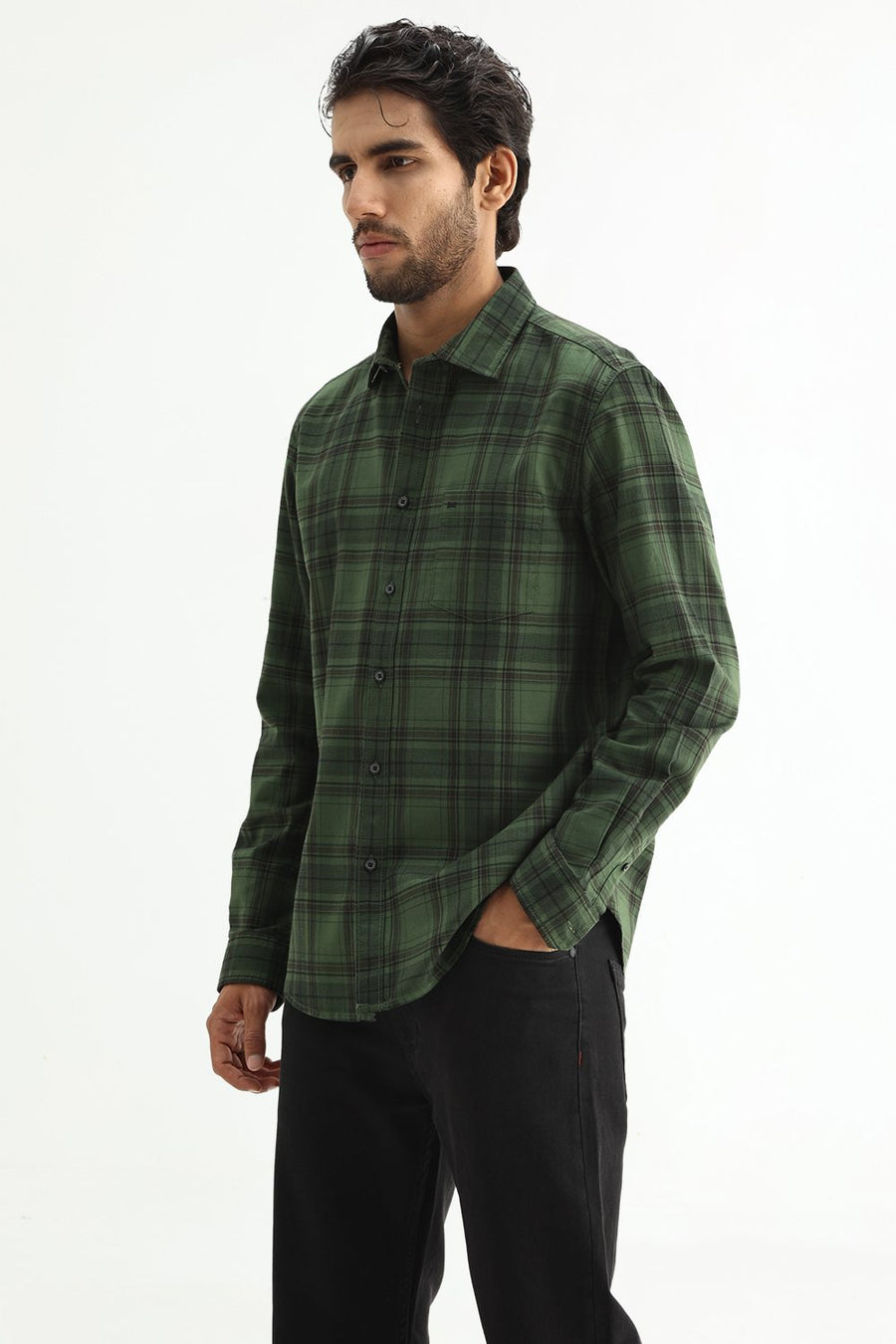 BASICS SLIM FIT TAN COTTON HERRING BONE CHECKS SHIRT