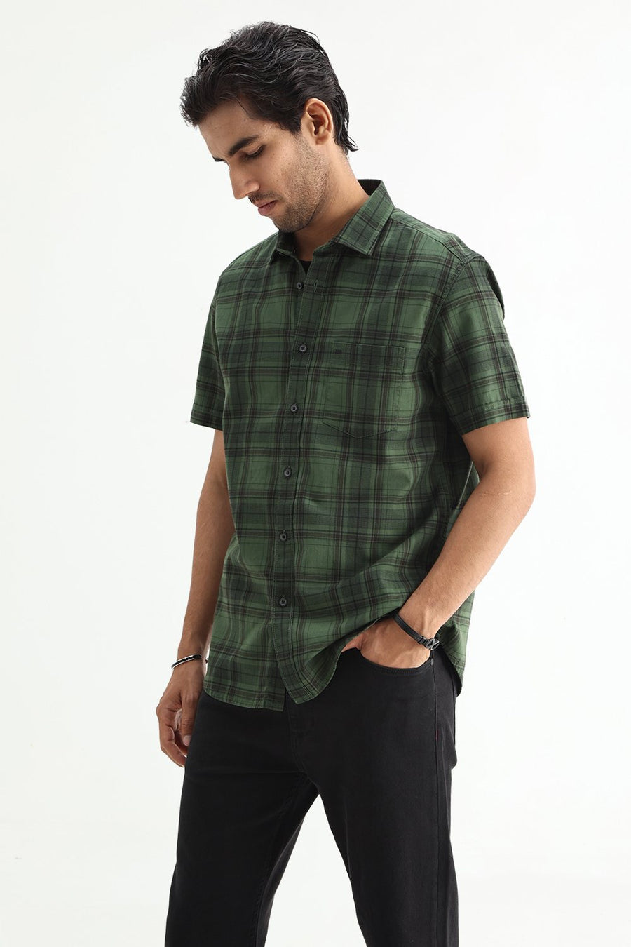 BASICS SLIM FIT TAN COTTON HERRING BONE CHECKS HALFSLEEVES SHIRT