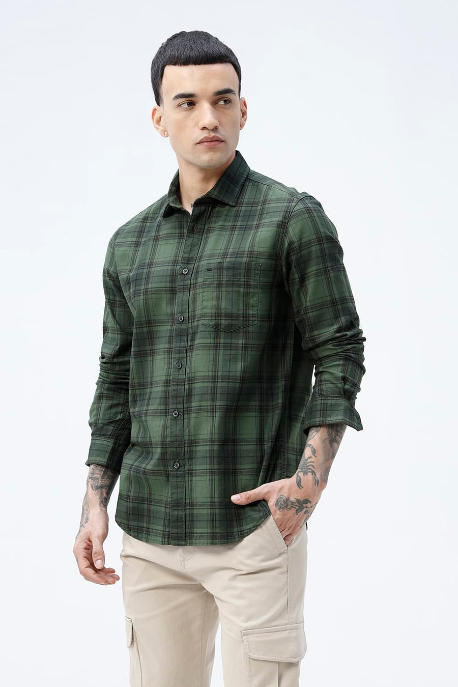 BASICS SLIM FIT TAN COTTON HERRING BONE CHECKS SHIRT