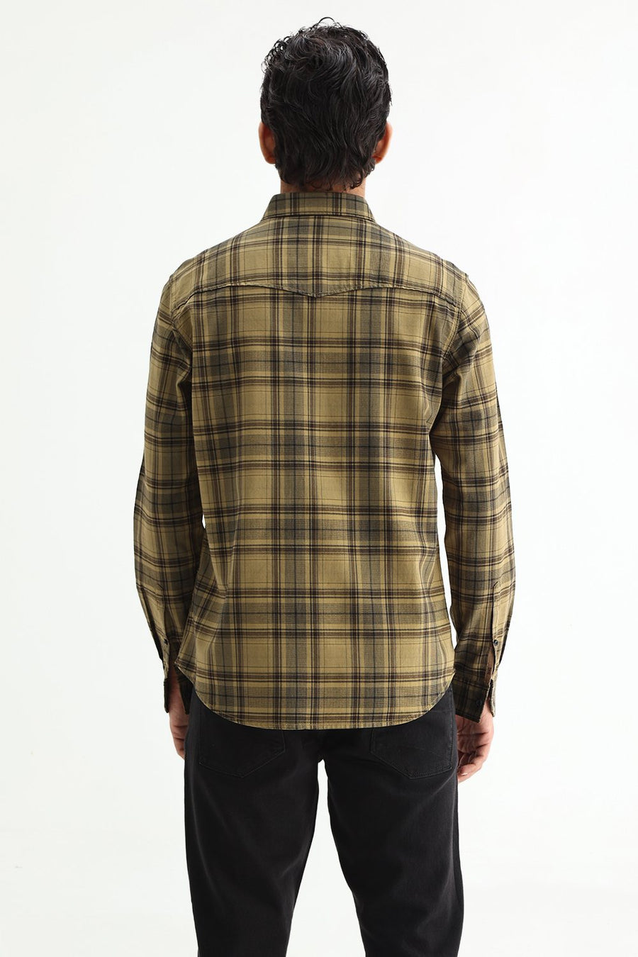 BASICS SLIM FIT ALOE KHAKI COTTON HERRING BONE CHECKS SHIRT