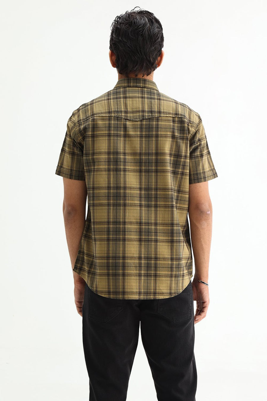 BASICS SLIM FIT ALOE KHAKI COTTON HERRING BONE CHECKS HALFSLEEVES SHIRT