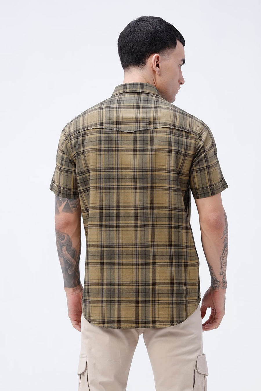 BASICS SLIM FIT ALOE KHAKI COTTON HERRING BONE CHECKS HALFSLEEVES SHIRT