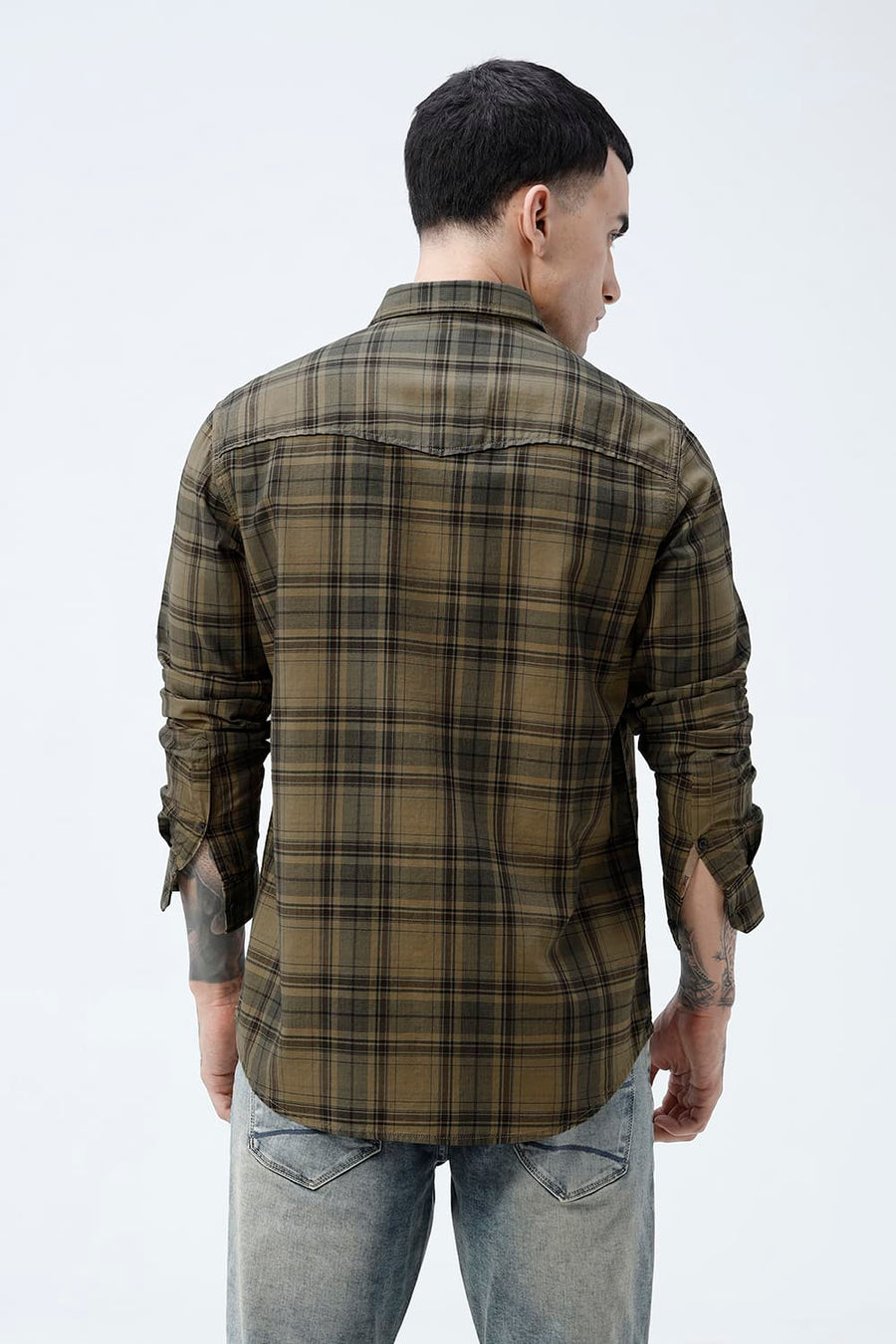BASICS SLIM FIT ALOE KHAKI COTTON HERRING BONE CHECKS SHIRT