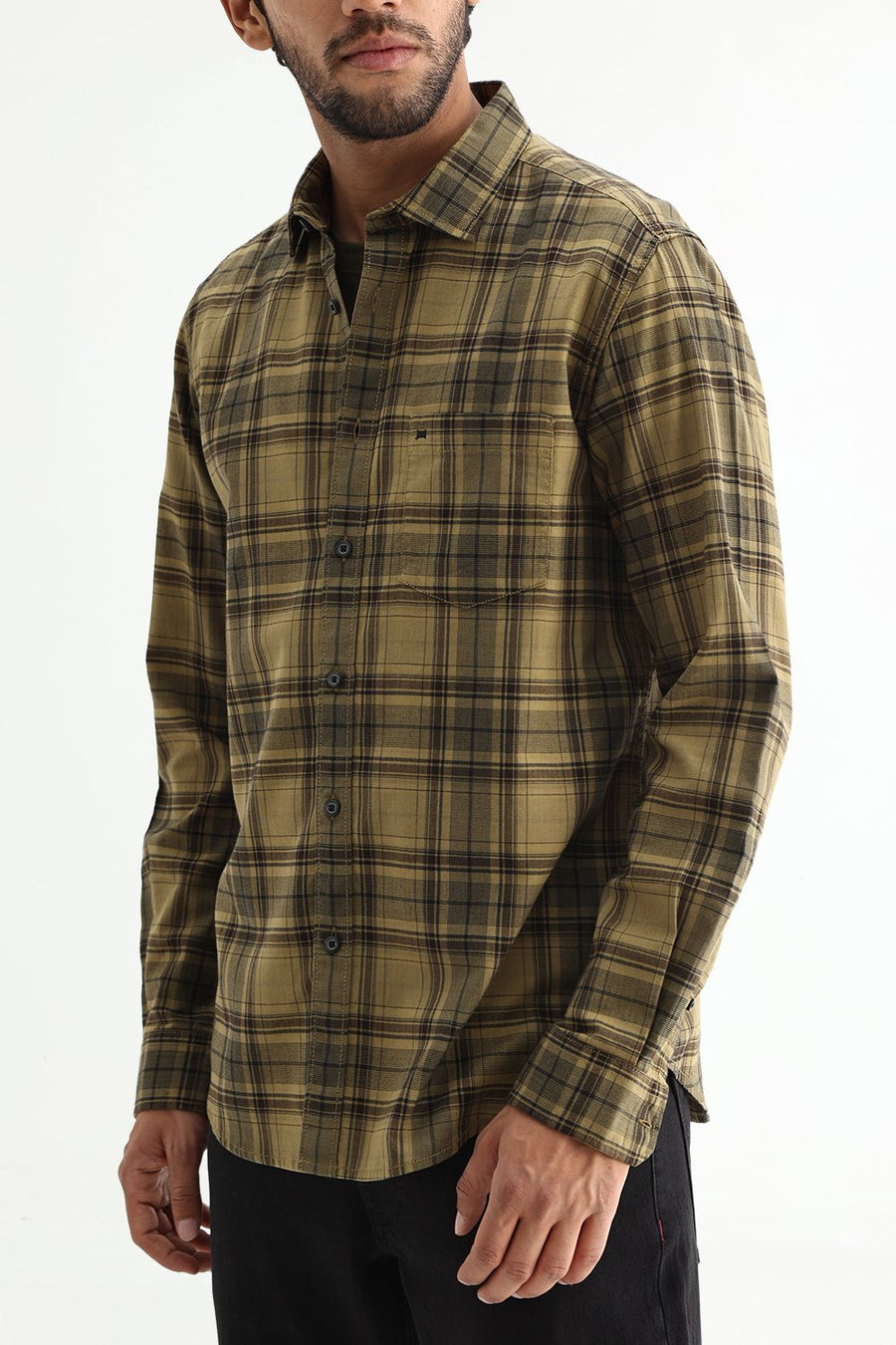 BASICS SLIM FIT ALOE KHAKI COTTON HERRING BONE CHECKS SHIRT