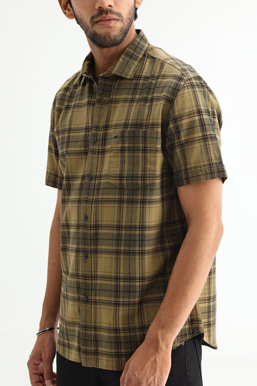 BASICS SLIM FIT ALOE KHAKI COTTON HERRING BONE CHECKS HALFSLEEVES SHIRT