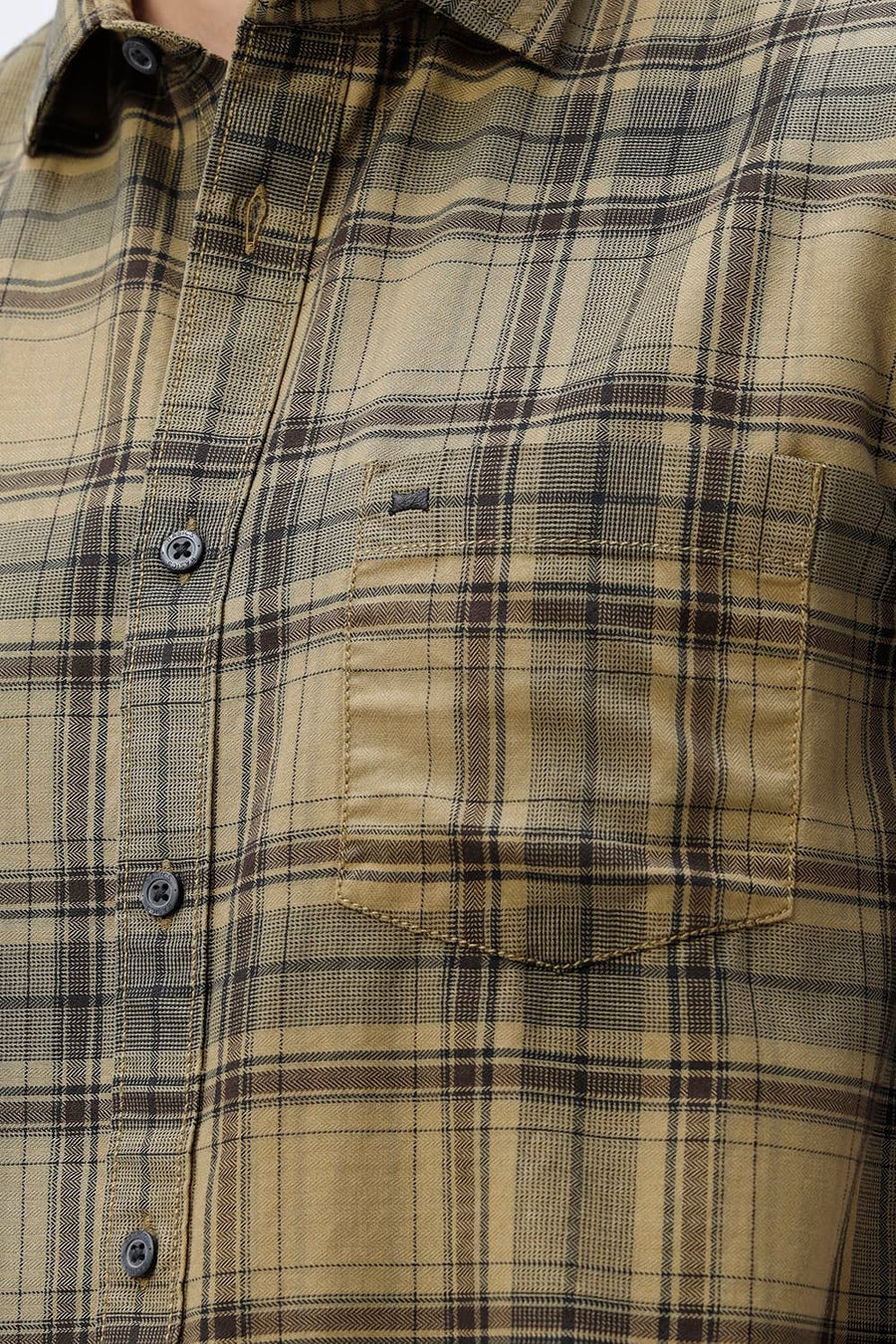 BASICS SLIM FIT ALOE KHAKI COTTON HERRING BONE CHECKS HALFSLEEVES SHIRT