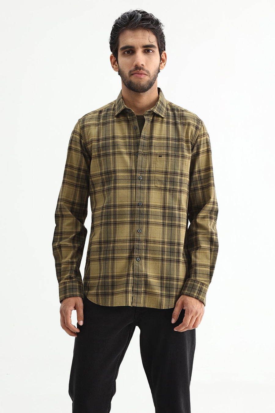 BASICS SLIM FIT ALOE KHAKI COTTON HERRING BONE CHECKS SHIRT
