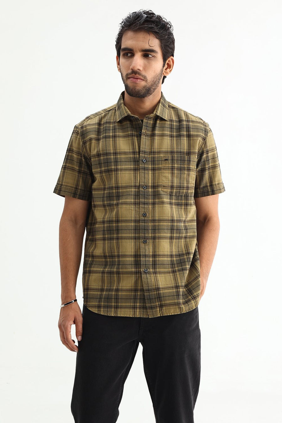 BASICS SLIM FIT ALOE KHAKI COTTON HERRING BONE CHECKS HALFSLEEVES SHIRT