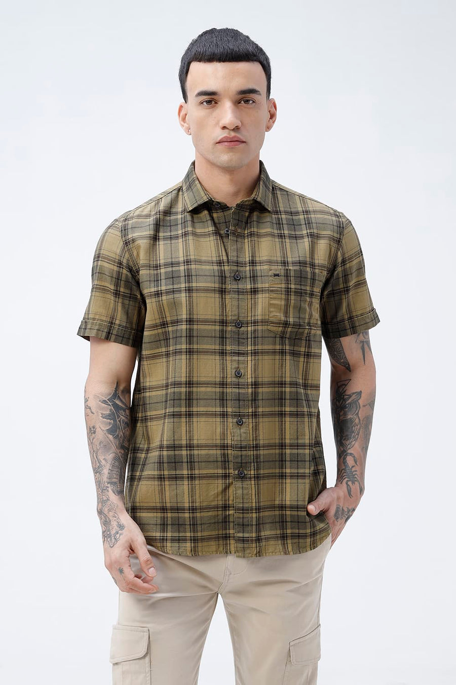 BASICS SLIM FIT ALOE KHAKI COTTON HERRING BONE CHECKS HALFSLEEVES SHIRT