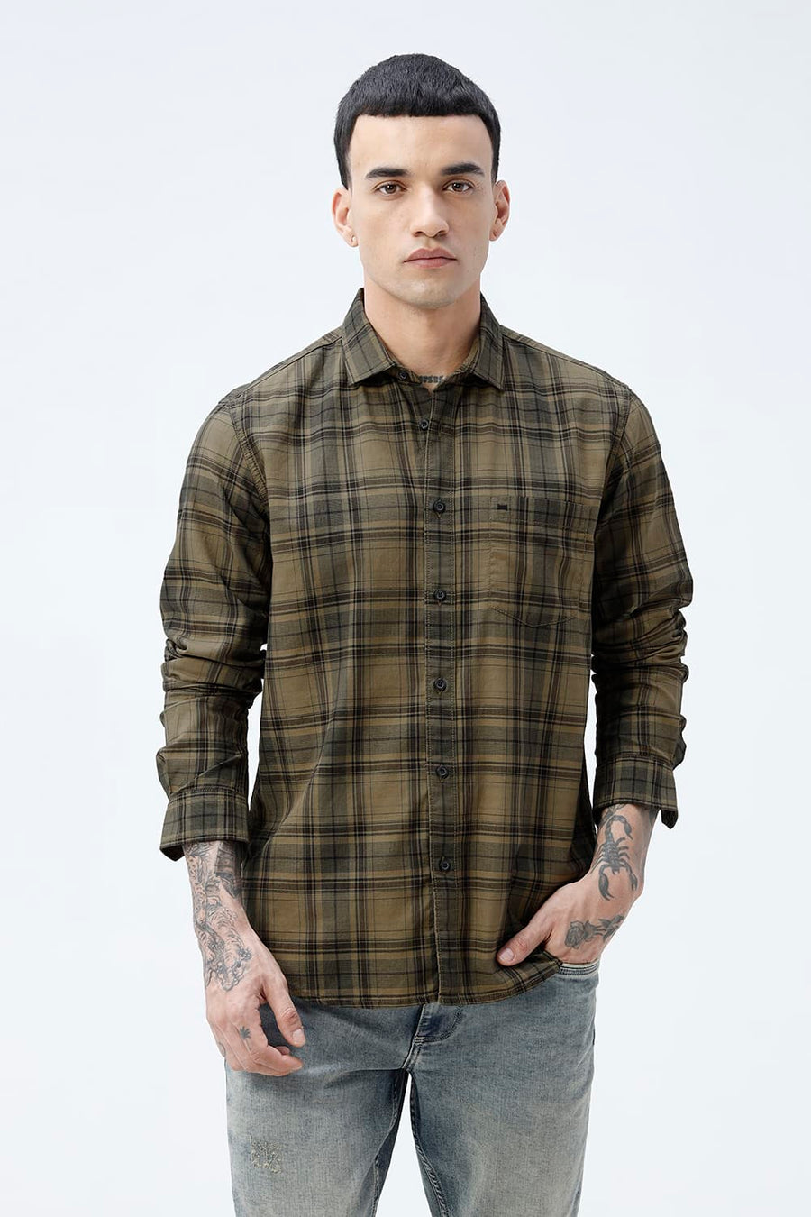 BASICS SLIM FIT ALOE KHAKI COTTON HERRING BONE CHECKS SHIRT