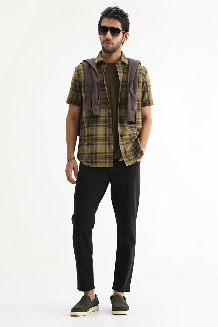BASICS SLIM FIT ALOE KHAKI COTTON HERRING BONE CHECKS HALFSLEEVES SHIRT