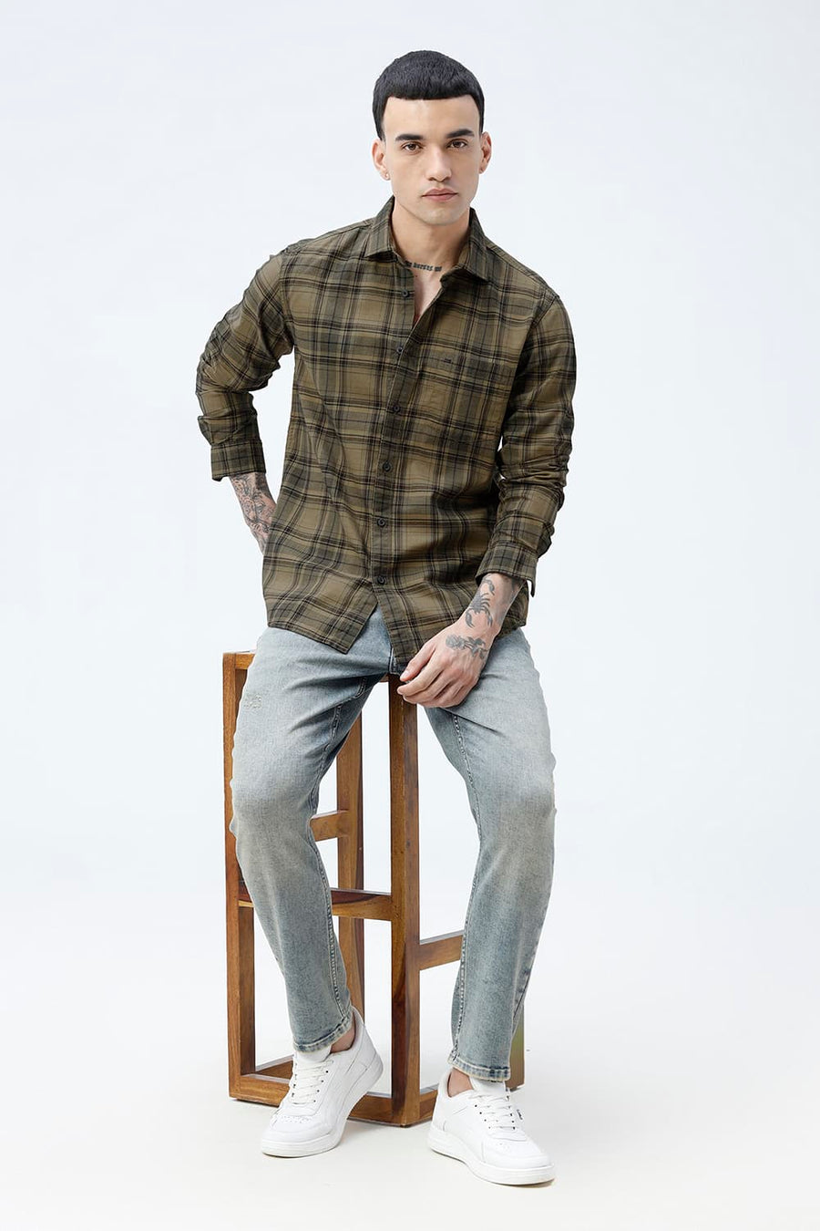 BASICS SLIM FIT ALOE KHAKI COTTON HERRING BONE CHECKS SHIRT