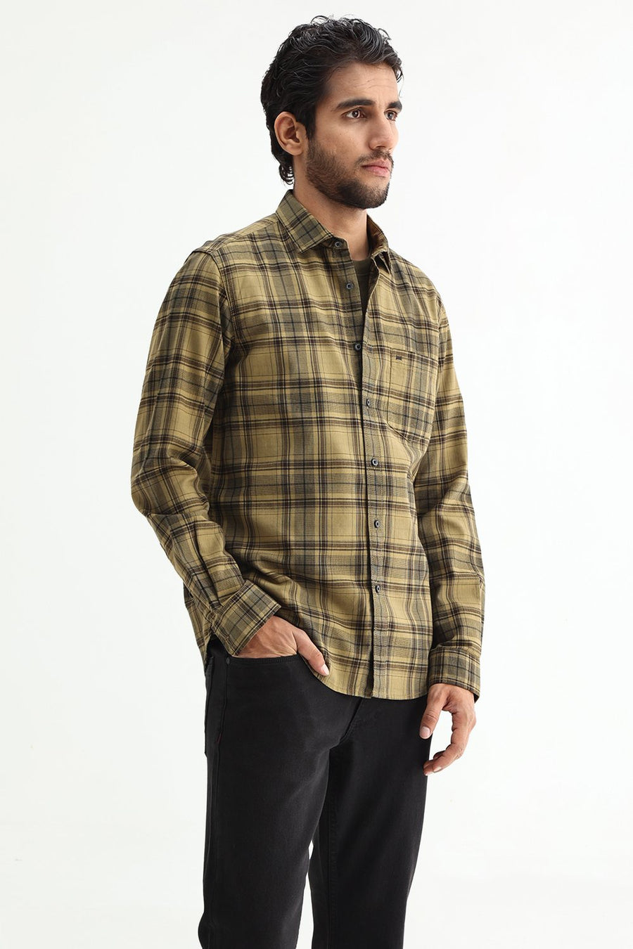 BASICS SLIM FIT ALOE KHAKI COTTON HERRING BONE CHECKS SHIRT