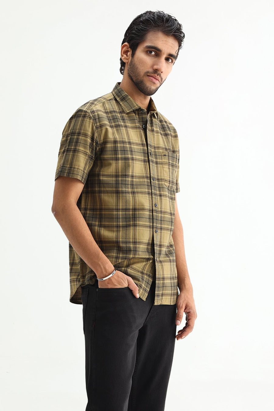 BASICS SLIM FIT ALOE KHAKI COTTON HERRING BONE CHECKS HALFSLEEVES SHIRT