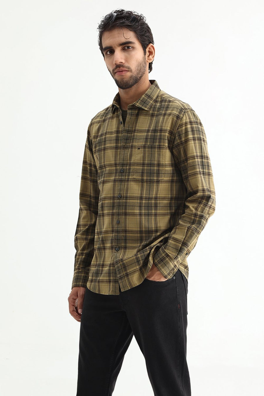 BASICS SLIM FIT ALOE KHAKI COTTON HERRING BONE CHECKS SHIRT