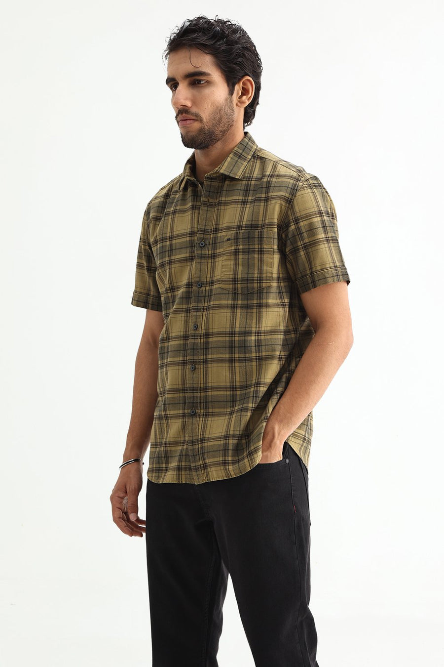 BASICS SLIM FIT ALOE KHAKI COTTON HERRING BONE CHECKS HALFSLEEVES SHIRT