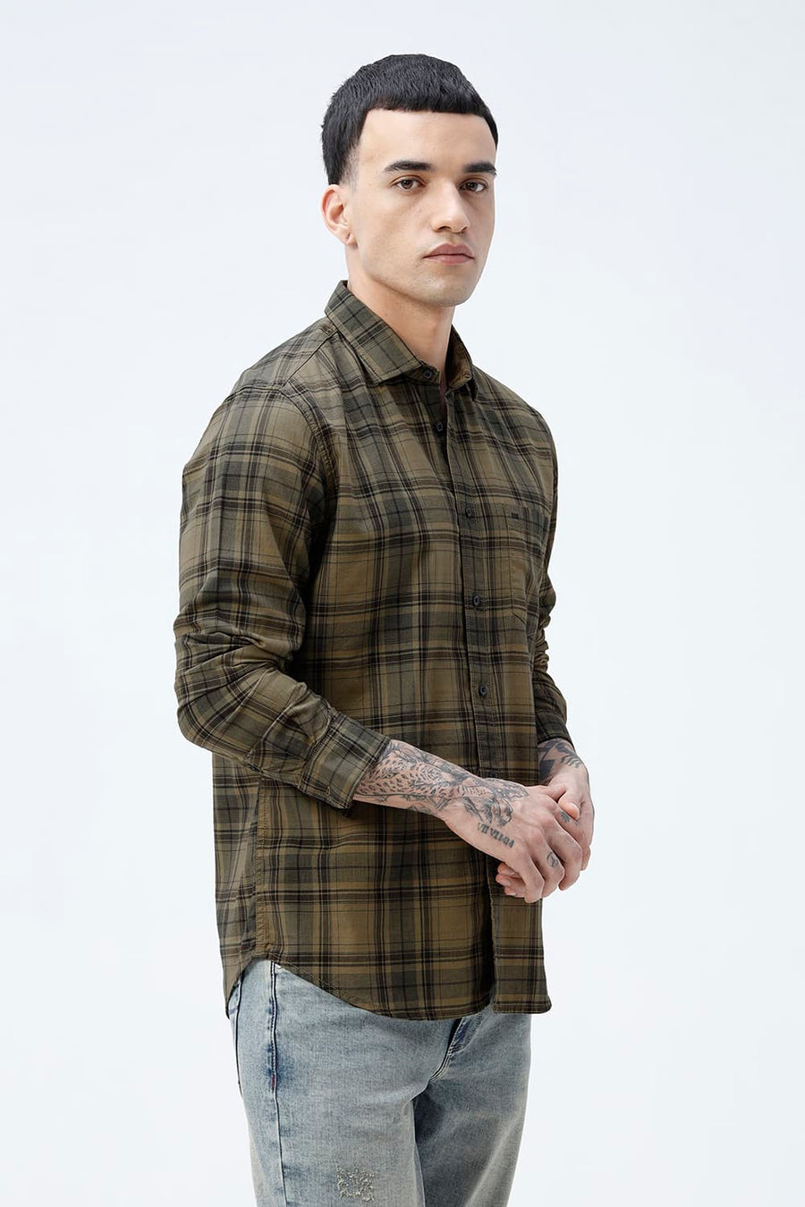 BASICS SLIM FIT ALOE KHAKI COTTON HERRING BONE CHECKS SHIRT