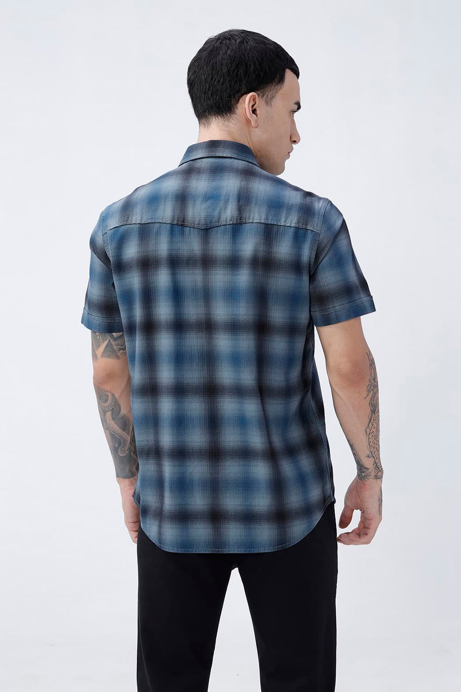 BASICS SLIM FIT CITADEL GREY COTTON HERRING BONE CHECKS HALFSLEEVES SHIRT