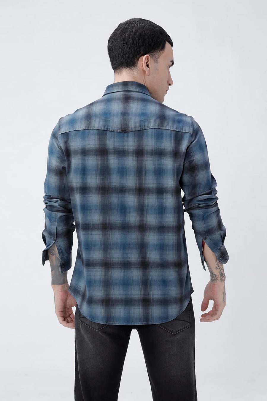 BASICS SLIM FIT CITADEL GREY COTTON HERRING BONE CHECKS SHIRT