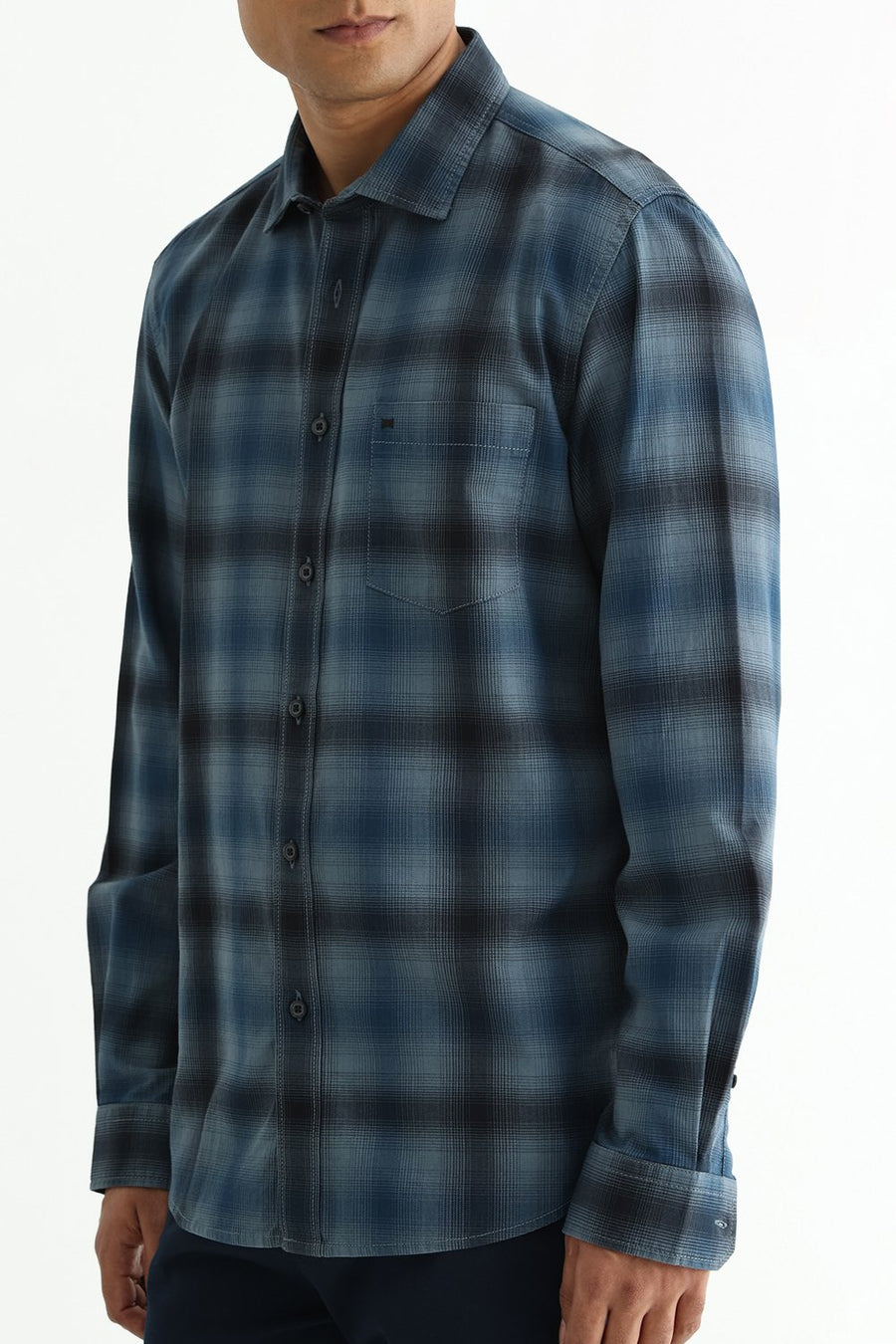 BASICS SLIM FIT CITADEL GREY COTTON HERRING BONE CHECKS SHIRT