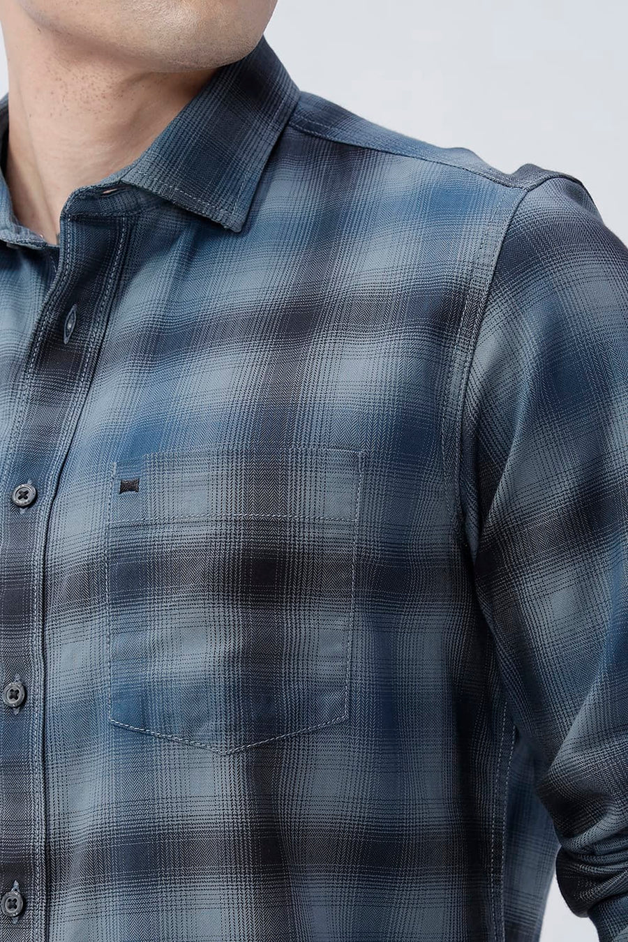 BASICS SLIM FIT CITADEL GREY COTTON HERRING BONE CHECKS SHIRT