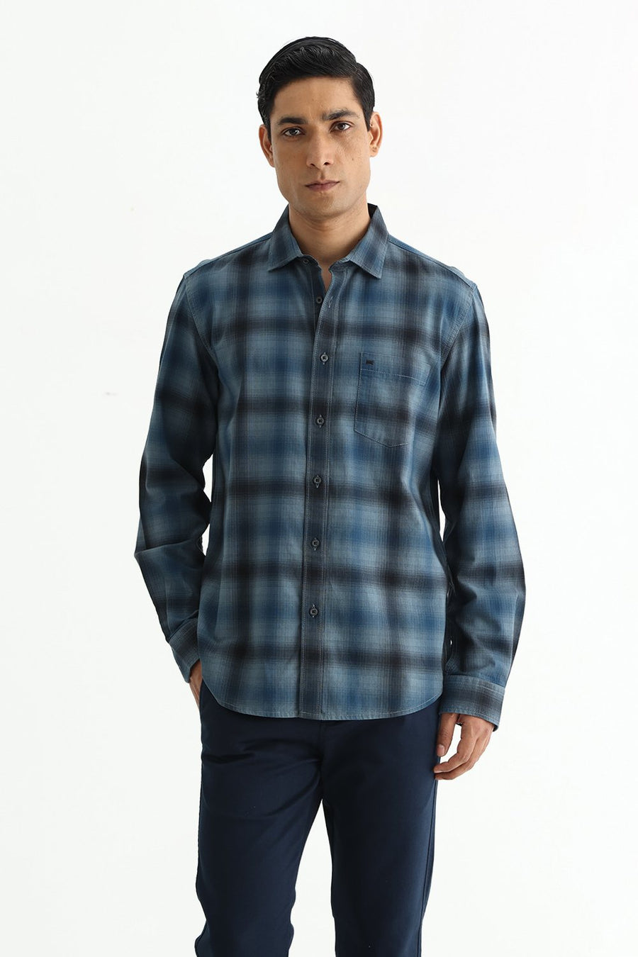 BASICS SLIM FIT CITADEL GREY COTTON HERRING BONE CHECKS SHIRT