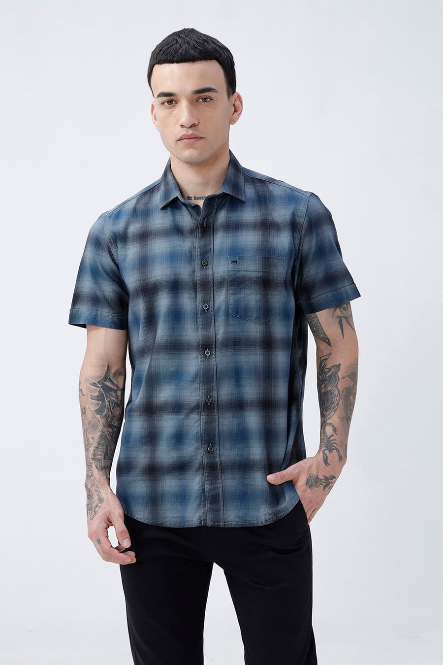 BASICS SLIM FIT CITADEL GREY COTTON HERRING BONE CHECKS HALFSLEEVES SHIRT