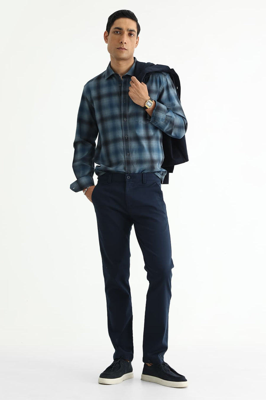 BASICS SLIM FIT CITADEL GREY COTTON HERRING BONE CHECKS SHIRT