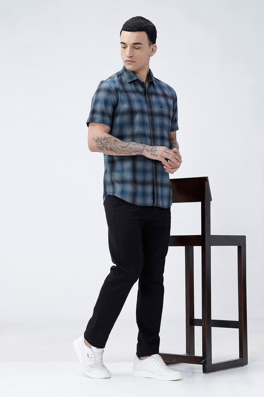 BASICS SLIM FIT CITADEL GREY COTTON HERRING BONE CHECKS HALFSLEEVES SHIRT
