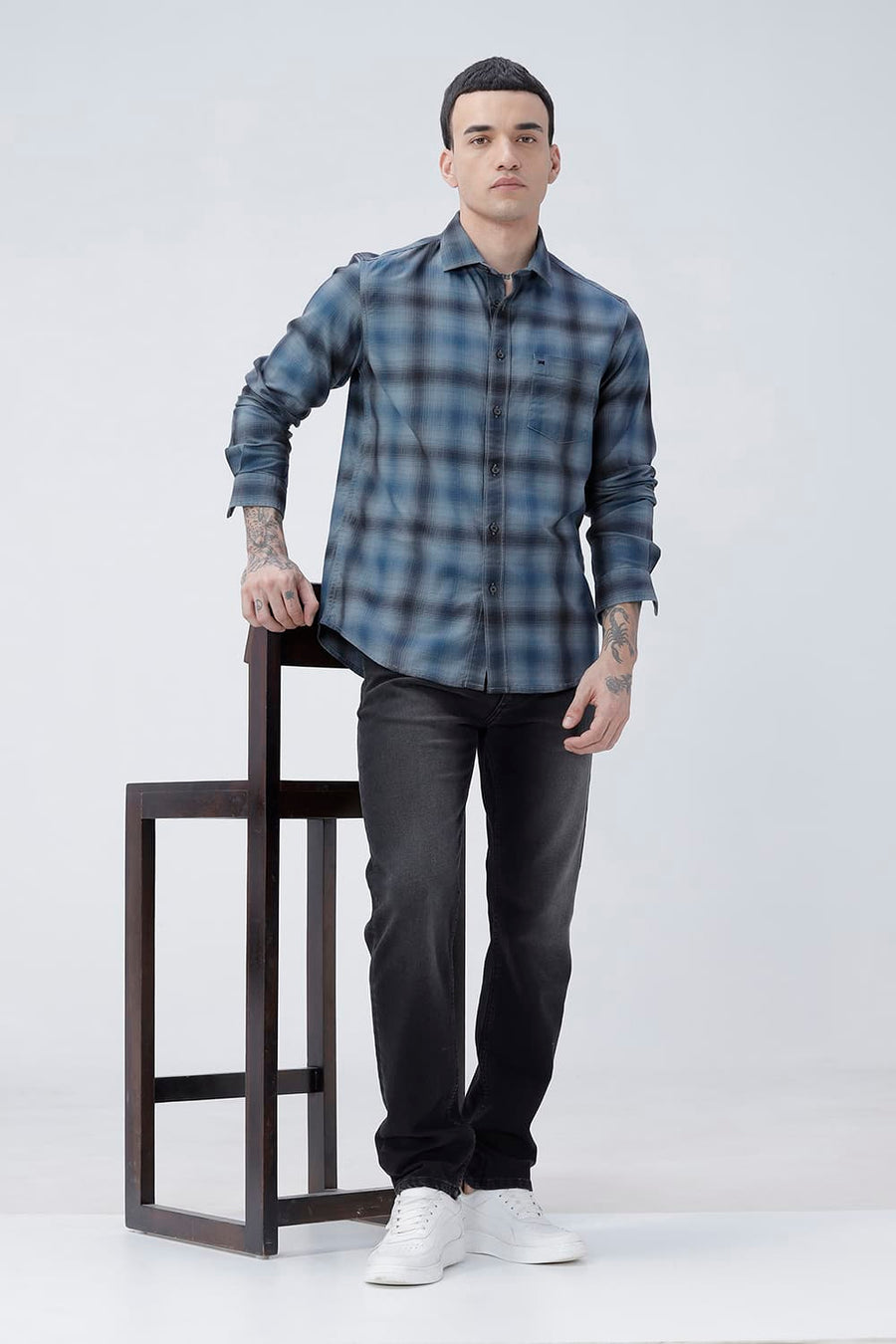 BASICS SLIM FIT CITADEL GREY COTTON HERRING BONE CHECKS SHIRT