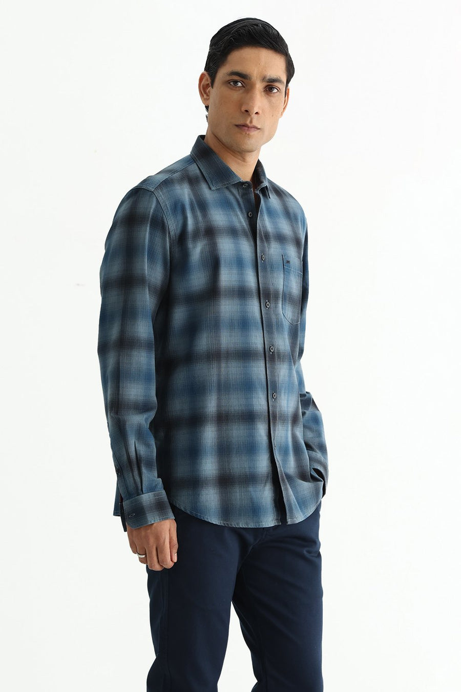 BASICS SLIM FIT CITADEL GREY COTTON HERRING BONE CHECKS SHIRT