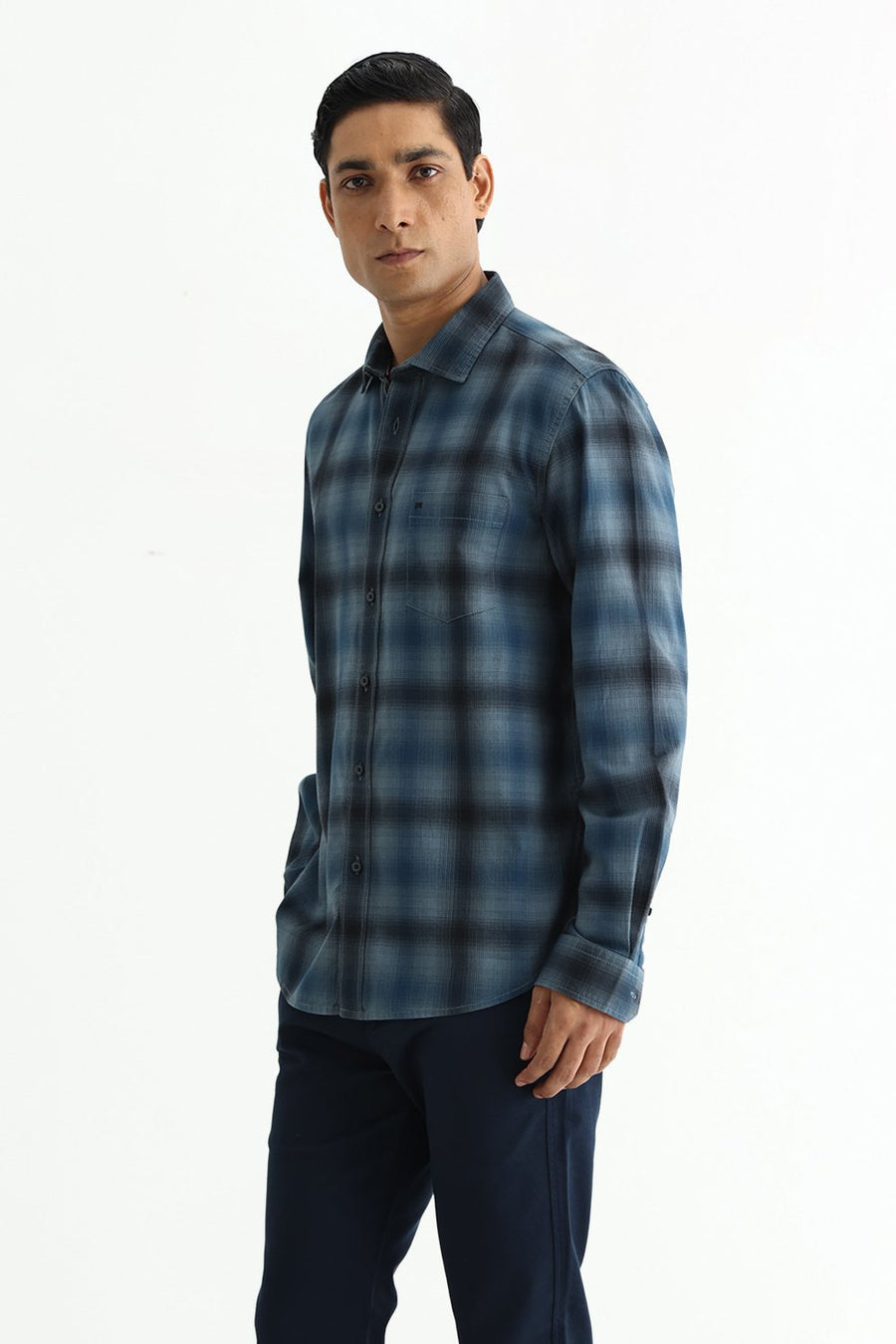 BASICS SLIM FIT CITADEL GREY COTTON HERRING BONE CHECKS SHIRT