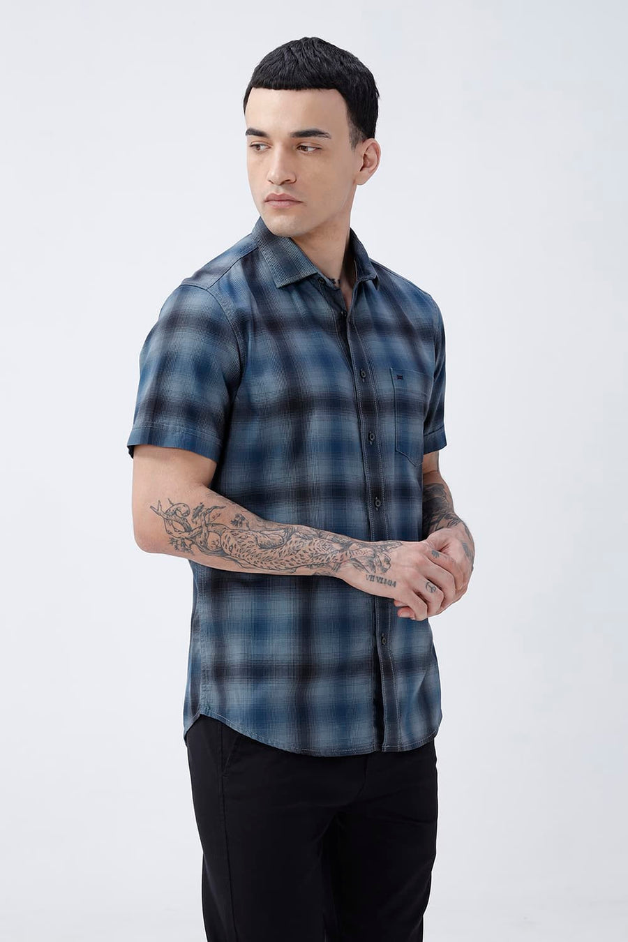 BASICS SLIM FIT CITADEL GREY COTTON HERRING BONE CHECKS HALFSLEEVES SHIRT