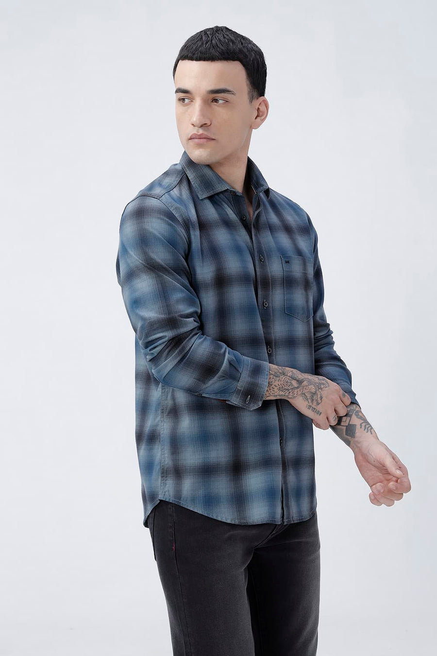 BASICS SLIM FIT CITADEL GREY COTTON HERRING BONE CHECKS SHIRT