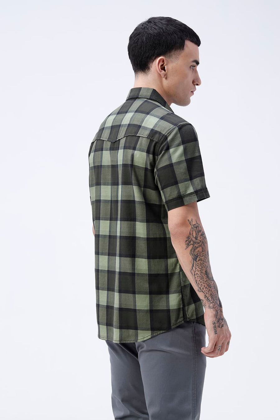 BASICS SLIM FIT  COTTON HERRING BONE CHECKS HALFSLEEVES SHIRT