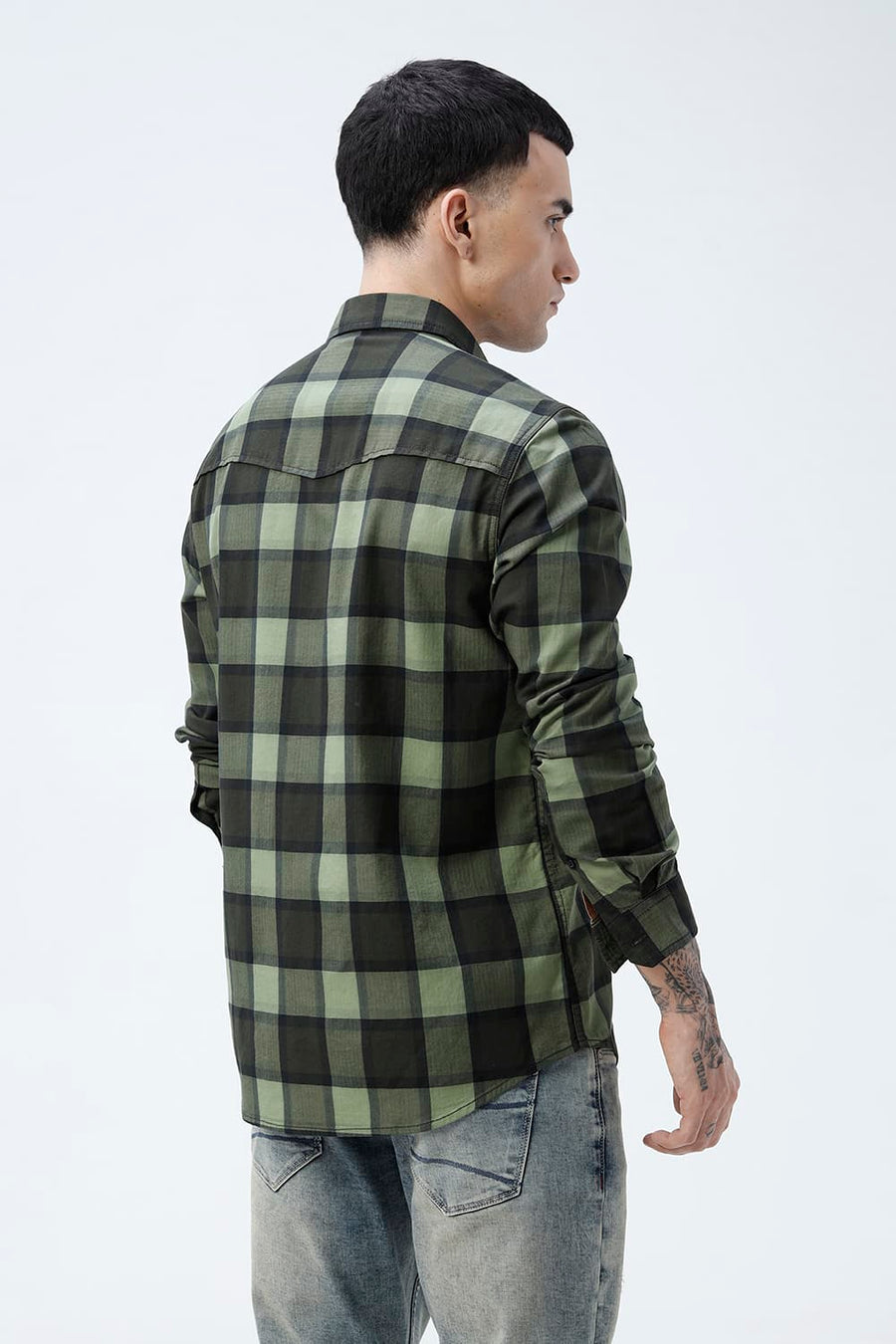 BASICS SLIM FIT  COTTON HERRING BONE CHECKS SHIRT