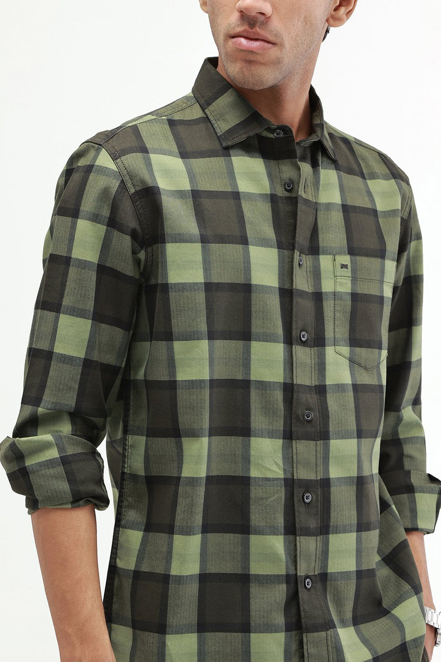 BASICS SLIM FIT  COTTON HERRING BONE CHECKS SHIRT