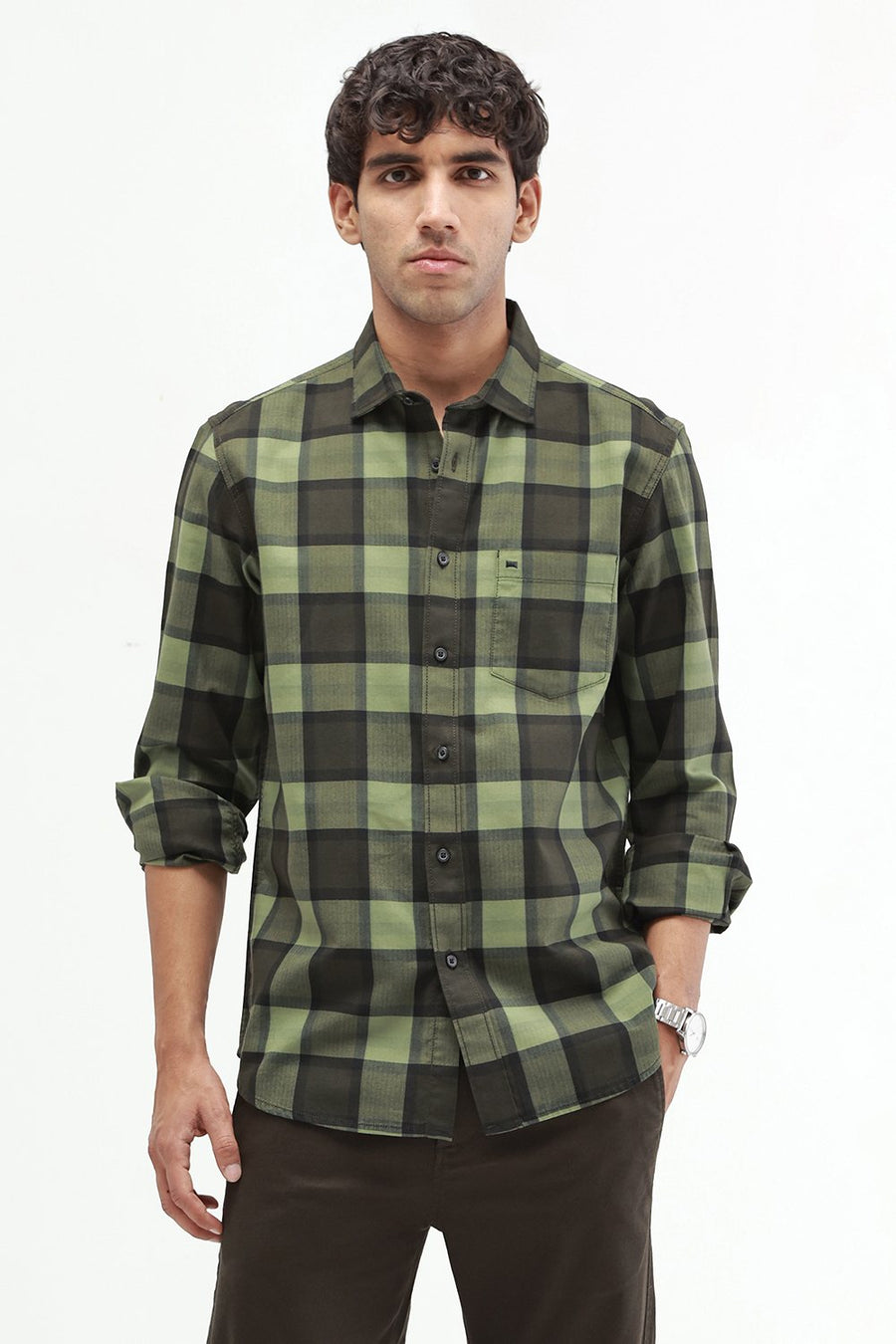 BASICS SLIM FIT  COTTON HERRING BONE CHECKS SHIRT