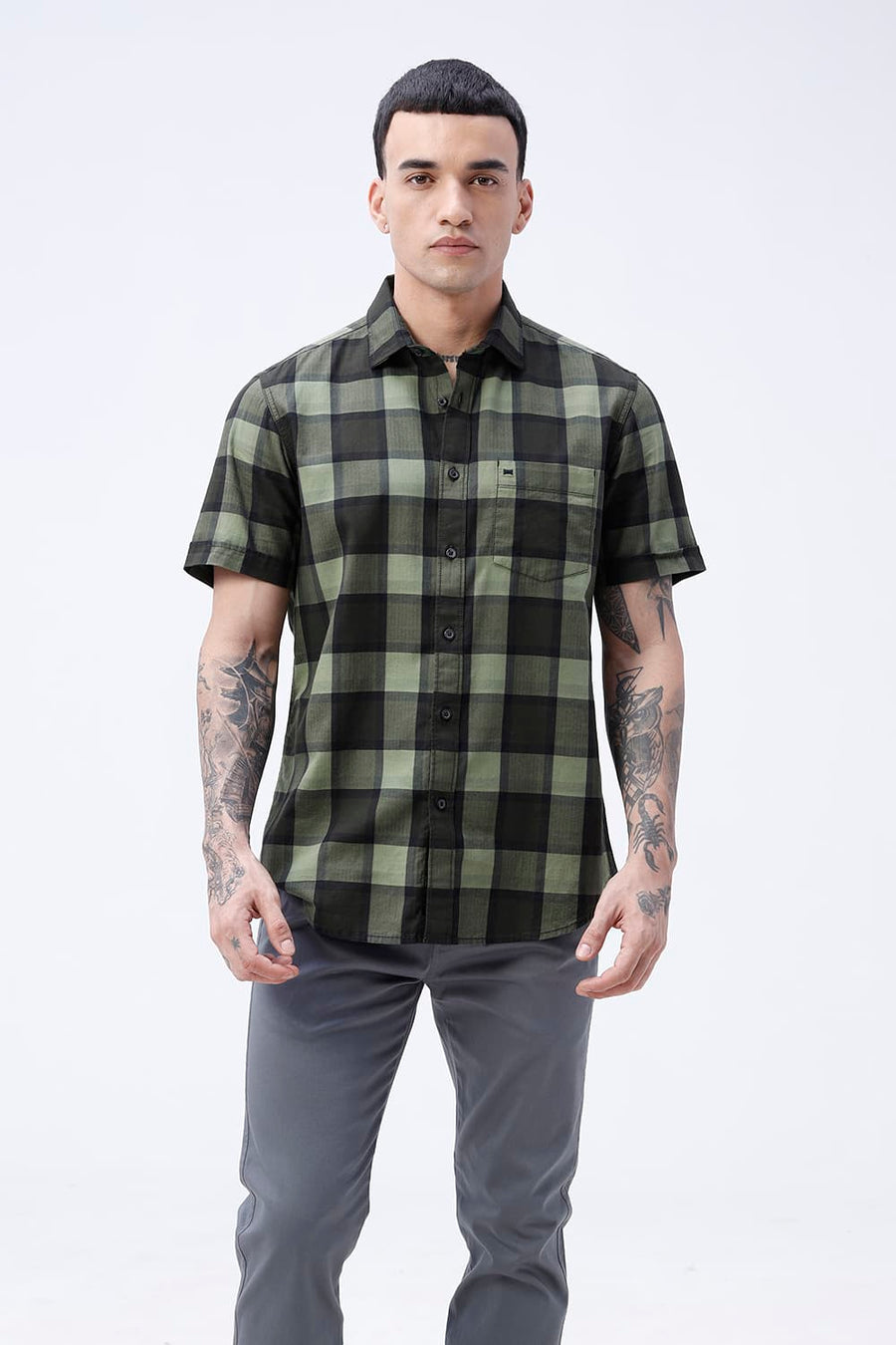 BASICS SLIM FIT  COTTON HERRING BONE CHECKS HALFSLEEVES SHIRT