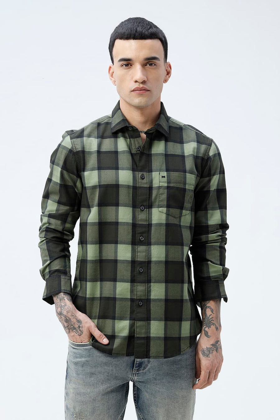 BASICS SLIM FIT  COTTON HERRING BONE CHECKS SHIRT