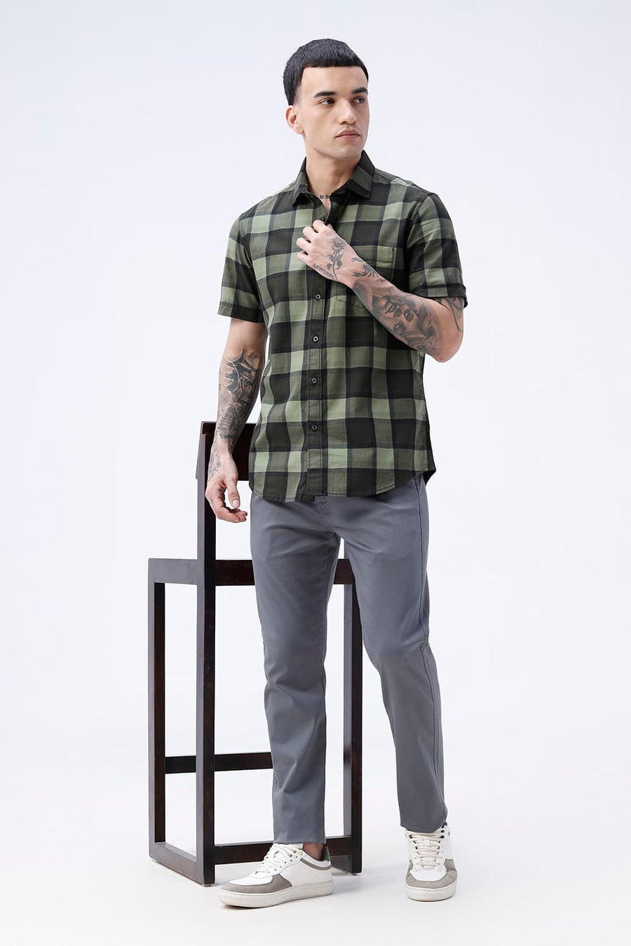 BASICS SLIM FIT  COTTON HERRING BONE CHECKS HALFSLEEVES SHIRT