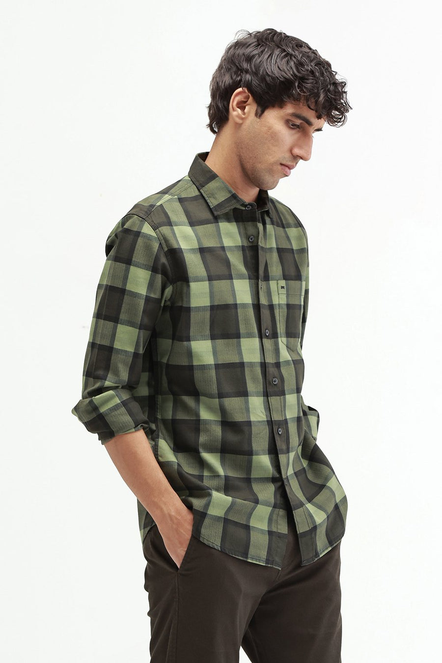 BASICS SLIM FIT  COTTON HERRING BONE CHECKS SHIRT