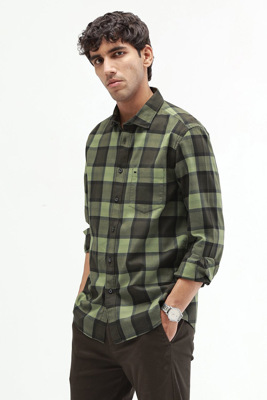 BASICS SLIM FIT  COTTON HERRING BONE CHECKS SHIRT